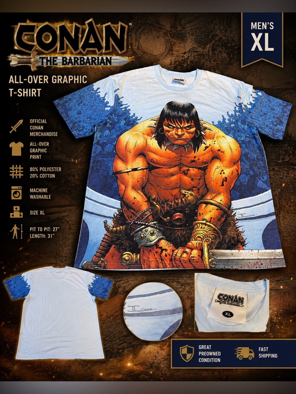 Conan the Barbarian Men’s XL All-Over Graphic Comic T-Shirt Blue 2020